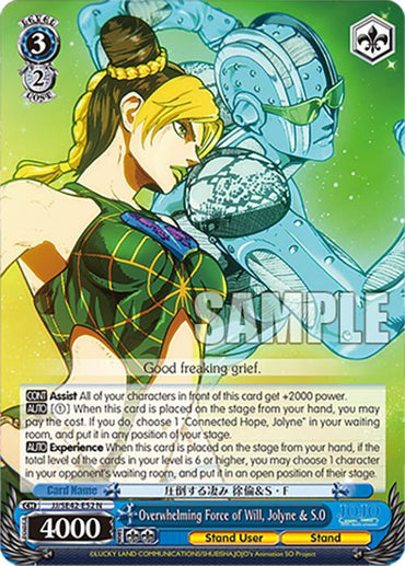 The card "Overwhelming Force of Will, Jolyne & S.O (JJ/SE42-E52 N)" from Bushiroad's JoJo's Bizarre Adventure: Golden Wind highlights a stylized illustration of a woman in green with long hair and a futuristic robot, featuring abilities, stats, and the phrase "Good freaking grief.