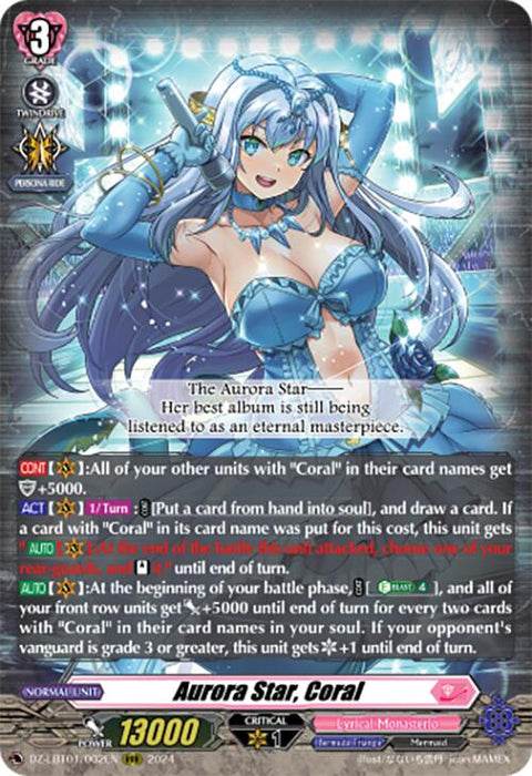 Aurora Star, Coral (DZ-LBT01/002EN) from the Start Up Trial Deck: Lyrical Monasterio, published by Bushiroad, is illustrated as an anime-style card character with long blue hair and matching eyes. Dressed in a light blue outfit adorned with star accessories, this Triple Rare card highlights her abilities such as power boosts and card drawing effects. Additionally, she showcases impressive stats with a 13000 grade and a critical level of 1.