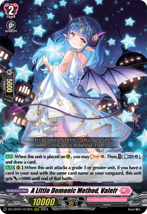 The vibrant fantasy card "A Little Demonic Method, Valefr" (DZ-LBT01/013EN) from the Bushiroad brand's "Start Up Trial Deck: Lyrical Monasterio" series showcases a captivating blue-haired fairy with bat wings wearing a white dress and holding a glowing blue star. Set against a twilight cityscape, this Triple Rare features impressive stats and abilities such as Soul-Charge.