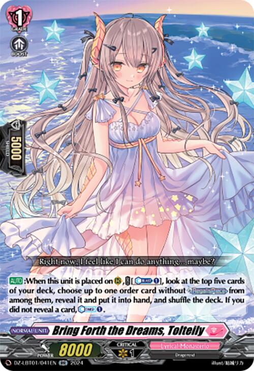 A Double Rare card featuring a fantasy-themed illustration of a young female character with long gray hair, horns, and elf-like ears. She wears a light blue dress adorned with stars. The text showcases her abilities and stats such as power "8000" and critical "1." Titled "Bring Forth the Dreams, Tolteily (DZ-LBT01/041EN)" from the Start Up Trial Deck: Lyrical Monasterio by Bushiroad.