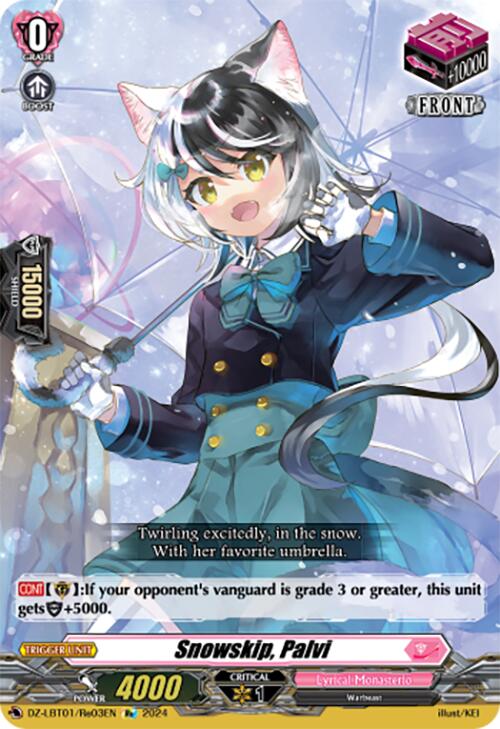 A fantasy-themed trading card from the Bushiroad brand depicts a long-haired girl with cat ears and a tail, dressed in a school uniform and holding an umbrella in snowy weather. This card, named "Snowskip, Palvi (DZ-LBT01/Re03EN)" from the Start Up Trial Deck: Lyrical Monasterio collection, features stats including power, critical values, and an ability description.