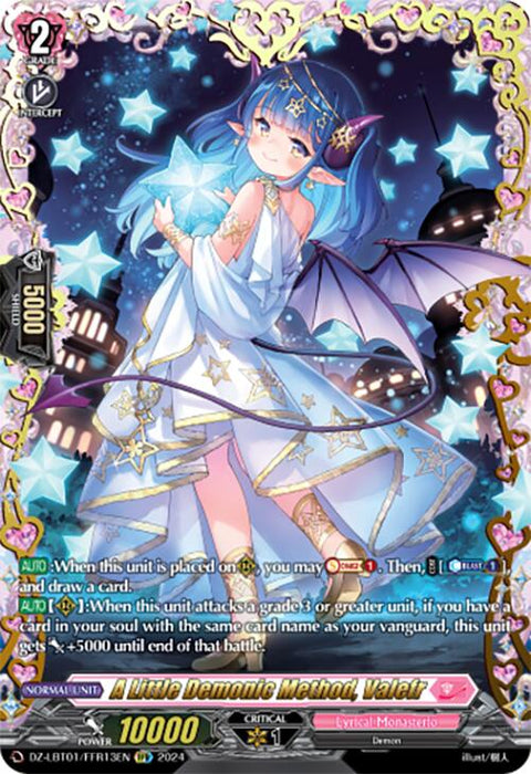 A fantasy-themed trading card named "A Little Demonic Method, Valefr (DZ-LBT01/FFR13EN)" from the Start Up Trial Deck: Lyrical Monasterio by Bushiroad. The card features an elf-like character with blue hair, bat wings, and a shimmering star in her hands. She wears a translucent dress adorned with star motifs and a tiara. Card stats and abilities are detailed at the bottom.