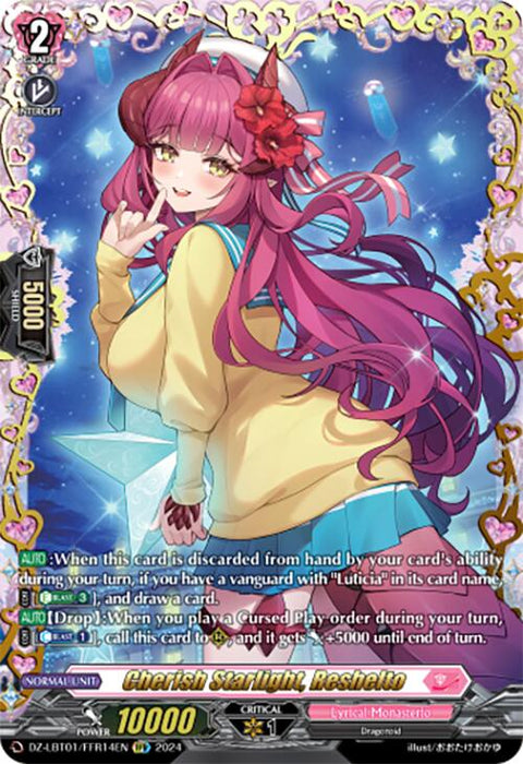 A vibrant card from the Lyrical Monasterio series, part of the Start Up Trial Deck, features a fantasy character with long, flowing purple hair, wearing a yellow and pink outfit adorned with ribbons. Titled "Cherish Starlight, Reshelto (DZ-LBT01/FFR14EN)," this Bushiroad creation boasts a 10,000 power rating and detailed abilities.