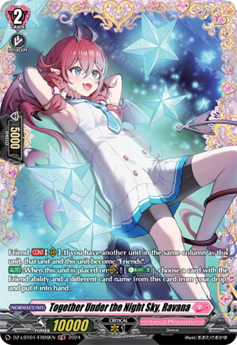 The trading card, "Together Under the Night Sky, Ravana (DZ-LBT01/FR09EN) [Start Up Trial Deck: Lyrical Monasterio]" from Bushiroad, showcases an anime girl named Ravana. She is depicted with long pink hair styled in ponytails and adorned with cat ears. Dressed in a charming white and blue outfit from the Lyrical Monasterio Start Up Trial Deck, she smiles coyly with one hand near her mouth and the other extended outward. The background of the card is beautifully embellished with crystals and sparkles.