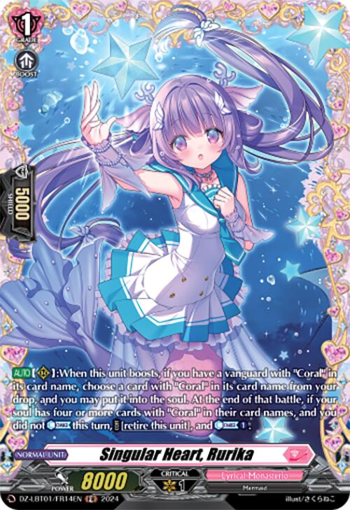 A trading card from Bushiroad's Start Up Trial Deck: Lyrical Monasterio features Singular Heart, Rurika (DZ-LBT01/FR14EN). This female anime character has purple hair styled in twin tails, pink eyes, and dons a white and blue sailor-style outfit. The vibrant artwork includes stars and sparkles in the background, along with various statistics and abilities listed.