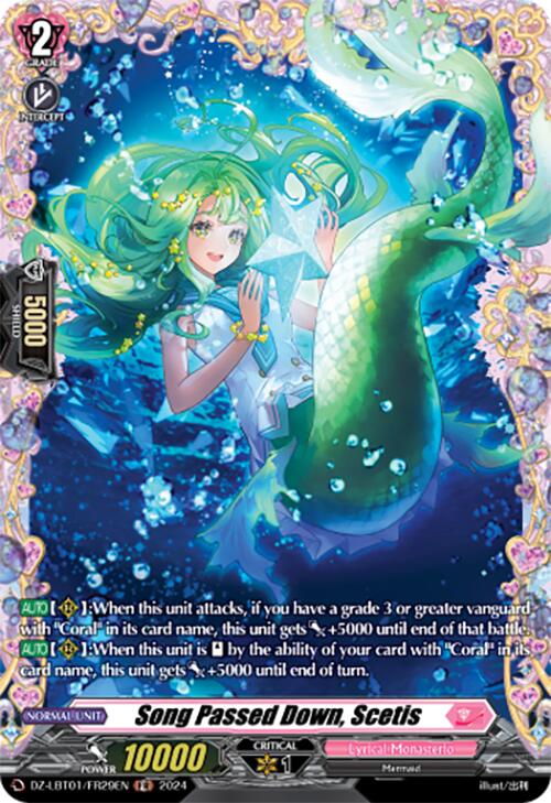 The card image titled "Song Passed Down, Scetis (DZ-LBT01/FR29EN)" from the Start Up Trial Deck: Lyrical Monasterio by Bushiroad. It features a mermaid with green hair and a blue tail, holding a glowing star. Set against the backdrop of Lyrical Monasterio, the card's border is adorned with colorful, mystical patterns and detailed text at the bottom.