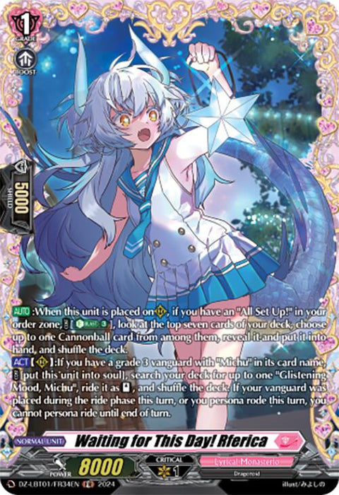 A card from the game Cardfight!! Vanguard by Bushiroad featuring "Waiting for This Day! Rferica (DZ-LBT01/FR34EN)" from the Start Up Trial Deck: Lyrical Monasterio. The illustration shows a silver-haired, fox-eared female character in a blue and white sailor uniform, looking surprised and standing dynamically against a bright, mystical background.