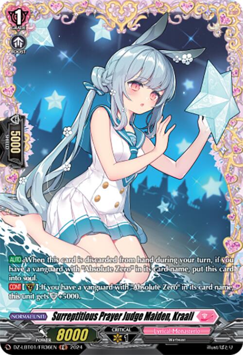 A trading card titled "Surreptitious Prayer Judge Maiden, Kraali (DZ-LBT01/FR36EN) [Start Up Trial Deck: Lyrical Monasterio]" by Bushiroad. The card features an anime-style girl with long silver hair in twin tails, wearing a white and blue dress with a sailor collar. She holds a large blue star-shaped crystal amidst the frozen backdrop of Absolute Zero. The card has various stats and text detailing its abilities.