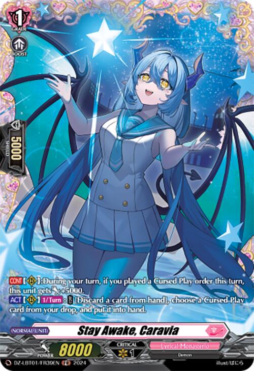 Stay Awake, Caravia (DZ-LBT01/FR39EN) [Start Up Trial Deck: Lyrical Monasterio]" by Bushiroad is a fantasy-themed, anime-style trading card featuring a blue-haired demon girl with bat wings and cat ears. Dressed in a gray uniform and sporting a cheerful expression, this Frame Rare card boasts 8000 power, 1 critical, and includes special abilities along with game details from the Lyrical Monasterio series.