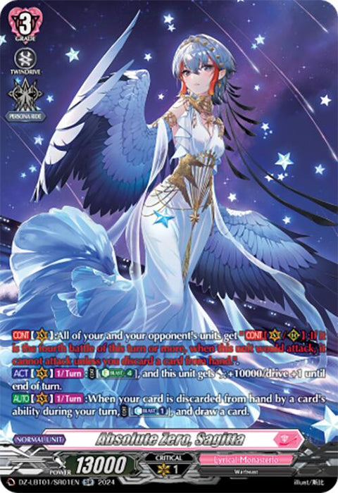 Introducing the Absolute Zero, Sagitta (DZ-LBT01/SR01EN) card from the Start Up Trial Deck: Lyrical Monasterio by Bushiroad. This Cardfight!! Vanguard card features an angelic figure with blue wings, silver hair, and a flowing white garment accented with gold and blue details. Set against a starry background, she embodies the celestial spirits of Lyrical Monasterio. The card's stats and abilities are displayed at the bottom for easy reference.