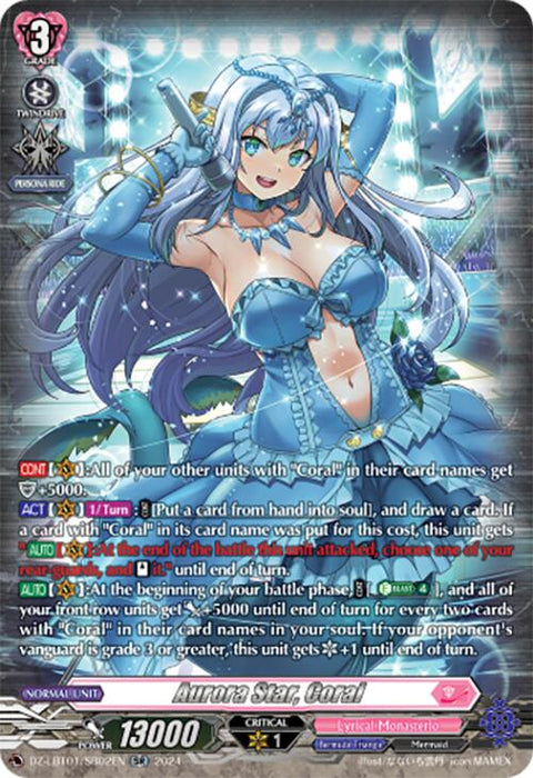 A fantasy-themed card from Bushiroad's "Start Up Trial Deck: Lyrical Monasterio," featuring "Aurora Star, Coral (DZ-LBT01/SR02EN)." The character is a blue-haired, mermaid girl in an aqua outfit with wings, adorned with jewelry and accessories. The card displays various stats, abilities, and text details against the vibrant backdrop of Lyrical Monasterio in the Bermuda Triangle.
