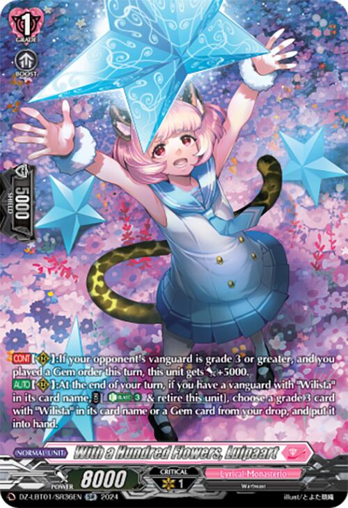 The image is of a fantasy trading card featuring a character with pink hair, cat-like ears, and a blue dress adorned with stars. She is extending her arms upward, surrounded by floating blue gems arranged in gem order. The character's name "With a Hundred Flowers, Luipaart" is written at the bottom. This card is from the [Start Up Trial Deck: Lyrical Monasterio] and belongs to Bushiroad's collection (DZ-LBT01/SR36EN).