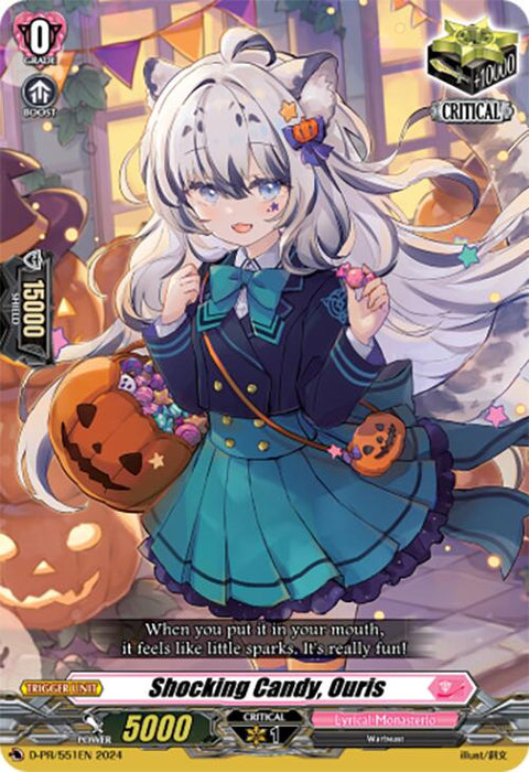 An anime-style character features cat ears and white hair, adorned in a blue and teal outfit with star and bow embellishments. She holds a pumpkin bucket brimming with candy. The Halloween-themed background showcases jack-o'-lanterns and autumn leaves, capturing the enchanting essence of Lyrical Monasterio nights. The text at the bottom reads "Shocking Candy, Ouris," as part of the Bushiroad collection [Lyrical Monasterio Sparkling Stars!].