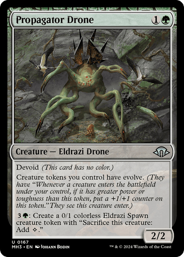 The image is of a Magic: The Gathering card titled "Propagator Drone [Modern Horizons 3]," part of Magic: The Gathering. It depicts an Eldrazi Drone with an exoskeleton and multiple eyes. With a mana cost of 1 generic and 1 green, this 2/2 features abilities that interact intricately with creature tokens with evolve.