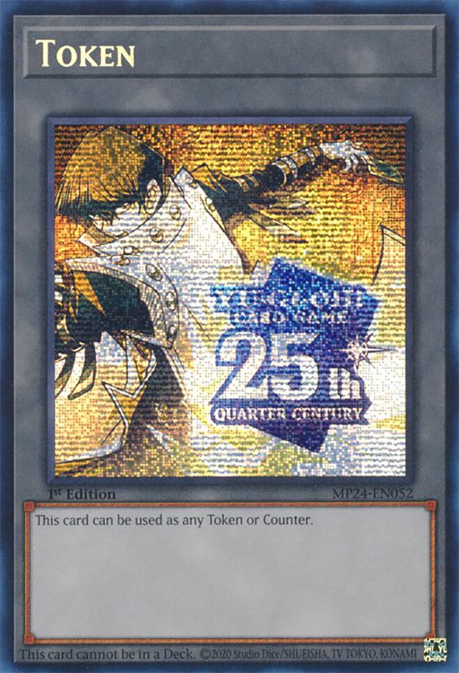 The Yu-Gi-Oh! Token: Kaiba (MP24-EN052) [MP24-EN02] Prismatic Secret Rare trading card features a character in a dynamic pose with one arm extended. The backdrop is adorned with a mosaic pattern and the 