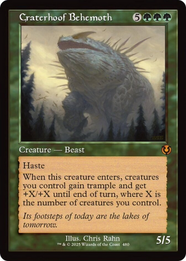 The image showcases the Craterhoof Behemoth (Retro Frame), a Creature — Beast card from Innistrad Remastered. This Magic: The Gathering card features a rock-textured giant with haste, trample-boosting ability, and 5/5 stats in a misty landscape, illustrated by Chris Rahn.