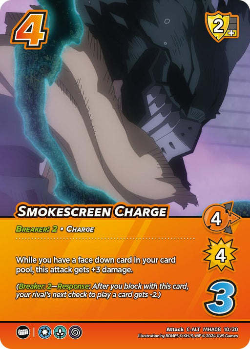 The image is from the UniVersus game featuring the Alternate Art card "Smokescreen Charge" from the Challenger Series: My Hero Academia - Dark Hero Arc. The card is bordered in orange and yellow, with displayed values: a 4 within an orange star, two yellow points, and a 3 in a blue circle. The character depicted wears a dark mask and beige scarf, accompanied by text describing its battle effects.