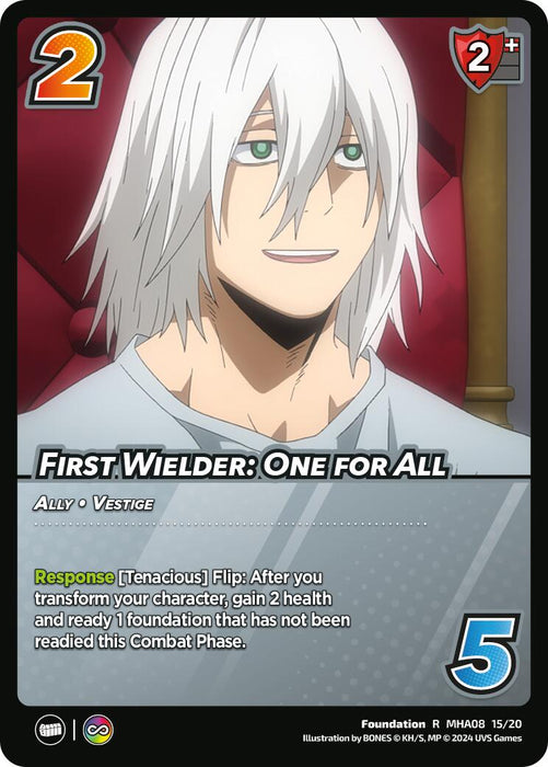 A card titled "First Wielder: One for All" from the UniVersus brand's Challenger Series: My Hero Academia - Dark Hero Arc features a character with long white hair and a serene expression. As a Foundation, it has attributes including 2 difficulty, 2 check, and 5 foundation. This unique card possesses the Vestige ability to gain health and is numbered R MHA08 15/20.