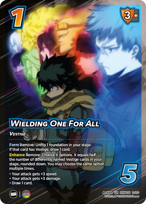 This Ultra Rare card, "Wielding One For All" from the Challenger Series: My Hero Academia - Dark Hero Arc by UniVersus, showcases an anime-style character in a green costume with a yellow scarf, surrounded by vibrant silhouettes of other characters. It includes abilities that modify power and draw cards, boasting a score of 5.