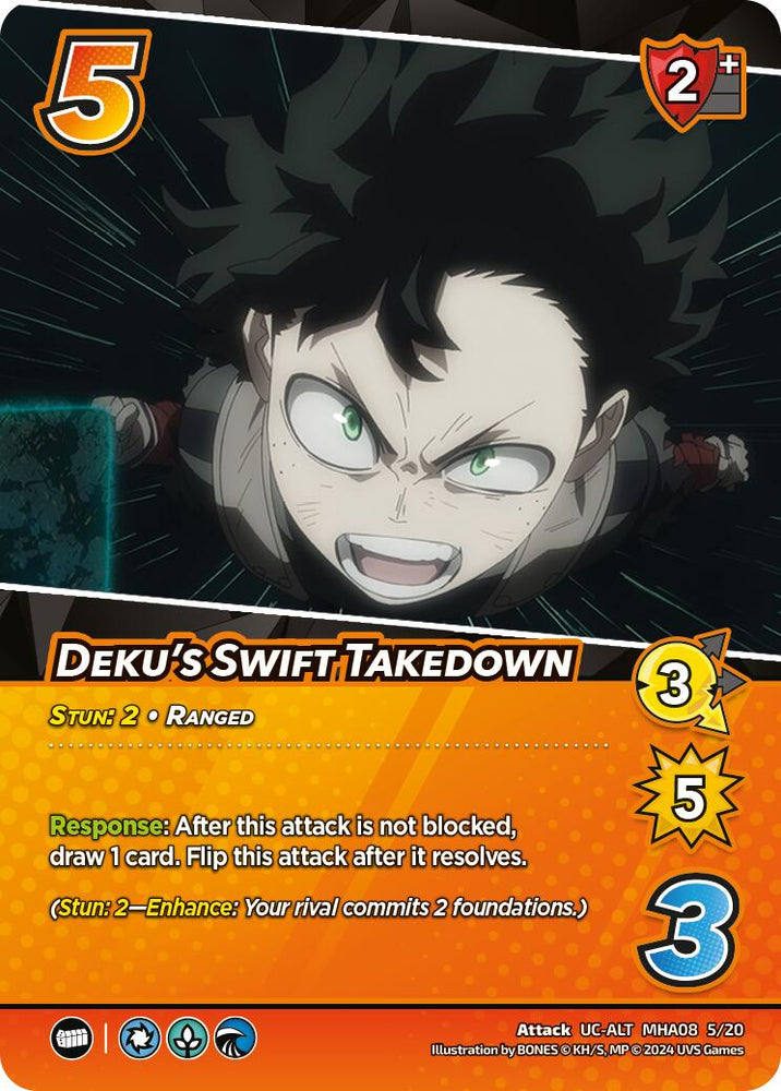 The "Deku's Swift Takedown" (Alternate Art) card from the Challenger Series: My Hero Academia - Dark Hero Arc by UniVersus features an anime character with piercing green eyes. It has 5 attack, 2+ speed, a 3 difficulty level, 5 control, and inflicts 3 damage against a striking background.