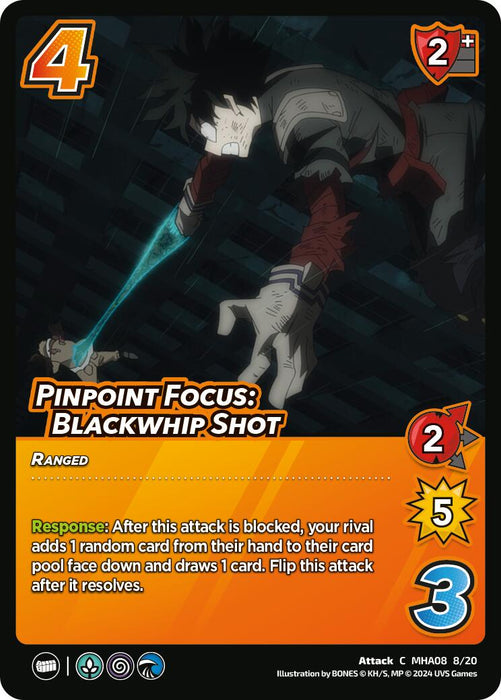 The game card "Pinpoint Focus: Blackwhip Shot [Challenger Series: My Hero Academia - Dark Hero Arc]" by UniVersus features a character with spiky hair and tattered clothing in mid-action, casting an intense shadow. As part of the card pool, it includes gameplay details such as ranged attack and defense stats, as well as special abilities.