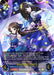 The image features a collectible card game design from the Bushiroad brand, inspired by THE IDOLM@STER CINDERELLA GIRLS. It prominently displays a female character wearing a blue and purple dress, shown in two dynamic poses accompanied by musical notes and glowing light effects. The card includes details such as stats, abilities, and is titled "BRIGHT:LIGHTS (CP02-U08aEN).