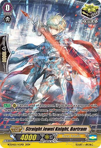 The Promo Rare trading card highlights "Straight Jewel Knight, Bartram (BCS2425/VGP01)" from the Bushiroad Event Cards collection. This card features an armored knight with blond hair holding a glowing red sword in an action pose amid dynamic energy swirls, complete with stats and game text at the bottom.