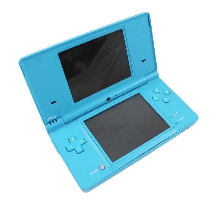 A blue Nintendo DSi by Nintendo is open, showcasing its dual screens. The bottom touch screen features a range of control buttons on the right side, including A, B, X, Y, Start, Select, and Power. The left side houses a directional pad. The top screen is non-touch. It's ideal for portable entertainment.