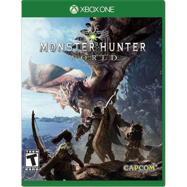 The cover art of "Monster Hunter World" by Everything Games for Xbox One features armored hunters facing a dragon-like beast in a mountainous jungle. Rated "Teen," it prominently displays the iconic Xbox and Capcom logos.