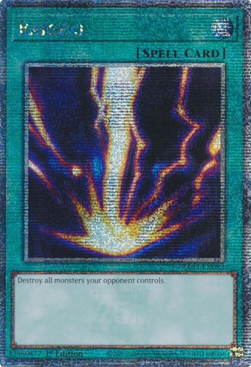 The Yu-Gi-Oh! QCSR spell card "Raigeki [RA03-EN083]" showcases a blue-green border with stunning Secret Rare lightning art. A powerful Normal Spell, it reads: "Destroy all monsters your opponent controls," with its ID on the bottom left corner.