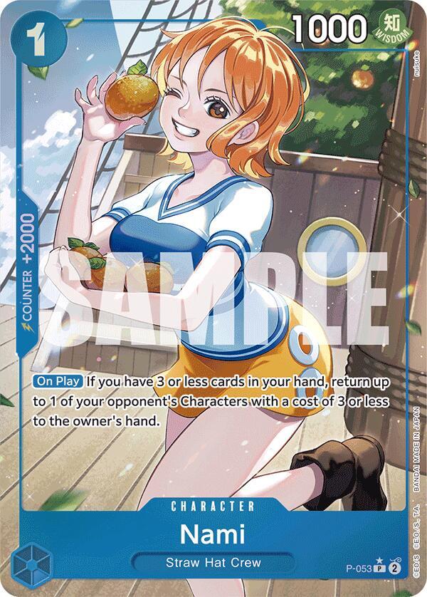 The Bandai Premium Booster -The Best- features the full art Nami (P-053) anime card, depicting her winking with an orange. Dressed in an orange and blue top with white shorts, this card includes game stats: cost 1, power 1000, 