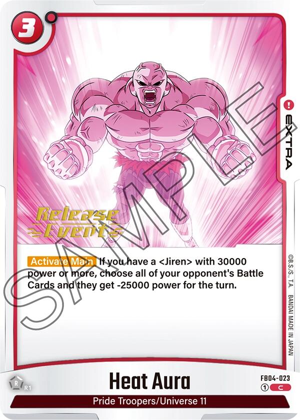 The "Heat Aura" card from Dragon Ball Super: Fusion World [Ultra Limit Release Event Cards] features a vibrant pink figure radiating with dynamic intensity as it flexes its muscles. The background is filled with radiant energy and bright streaks, enhancing the scene. The card also includes activation details related to Universe 11's Pride Troopers and Jiren, with "SAMPLE" prominently overlaid diagonally.