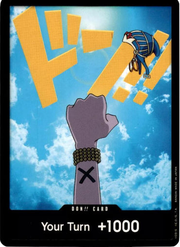 A Bandai DON!! Card (Vivi) from the Premium Booster -The Best- series features a fist raised heroically against a blue sky. The fist sports a bracelet and "X" mark; a hat with goggles falls. Large yellow text "DON!!" and "Your Turn +1000" appear at the bottom.