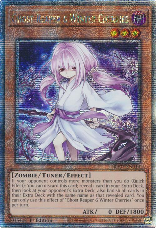 The Yu-Gi-Oh! card "Ghost Reaper & Winter Cherries (Alternate Art) [RA03-EN014]," in Quarter Century Secret Rare, features a pink-haired girl wielding a scythe, dressed in a gray and white outfit surrounded by cherry blossoms. As a Zombie/Tuner/Effect Monster, it has an ATK of 0 and DEF of 1800.