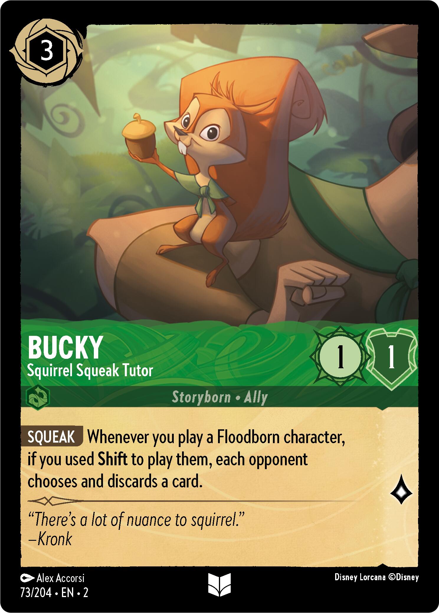 The card features Bucky, Squirrel Squeak Tutor (Errata Version) from Disney's 