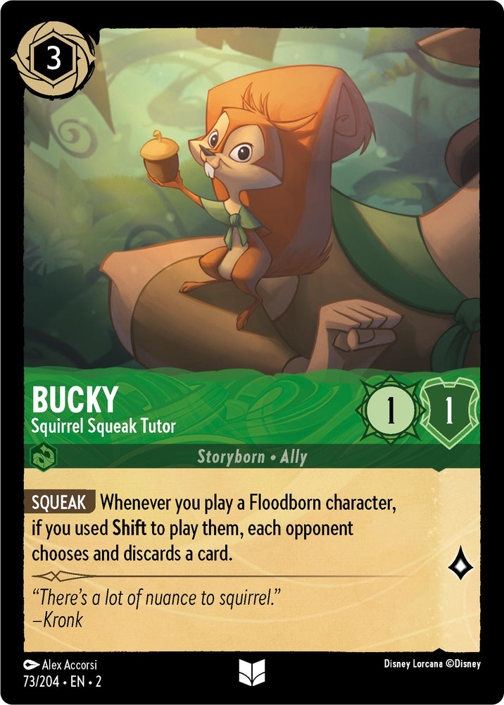 The card features Bucky, Squirrel Squeak Tutor (Errata Version) from Disney's "Rise of the Floodborn," depicting an illustrated squirrel in a green hooded cloak, perched on a branch and holding an acorn staff. This Floodborn character has distinct stats and special abilities, accompanied by the quote, “There’s a lot of nuance to squirrel.”