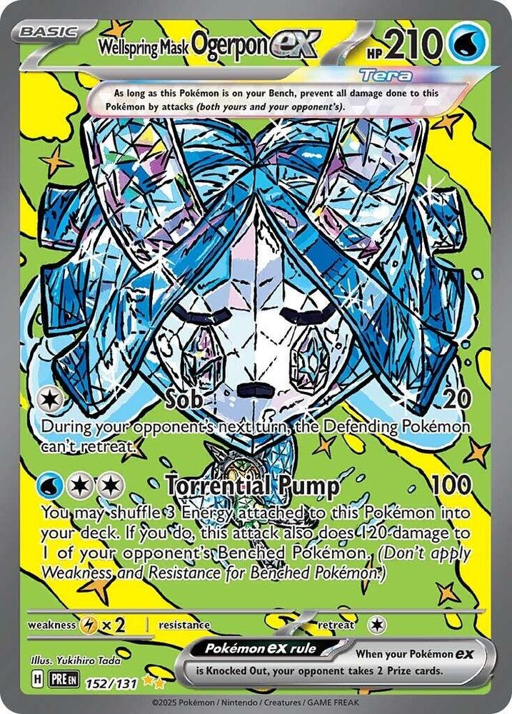 This Special Illustration Rare Pokémon card features the vibrant Wellspring Mask Ogerpon ex (210 HP, Water type) against a starry background. The blue-haired mask performs 