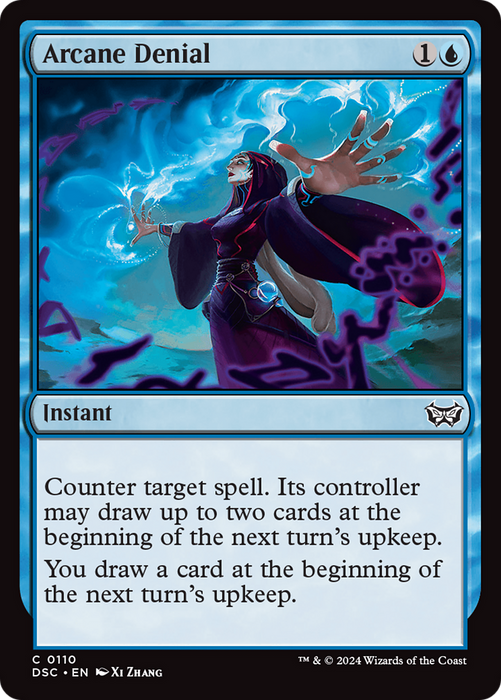 The Magic: The Gathering card, Arcane Denial [Duskmourn: House of Horror Commander], is an instant counterspell requiring one generic and one blue mana. Illustrated by Xi Zhang, its artwork depicts a robed mage conjuring swirling blue and purple energy. The card text details its counterspell capability and card draw mechanics, making it an essential component in many House of Horror Commander decks.