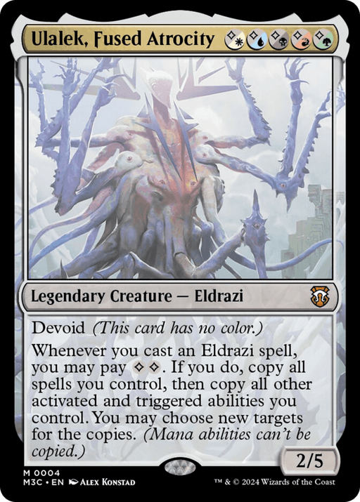 Ulalek, Fused Atrocity [Modern Horizons 3 Commander]" is a legendary colorless Eldrazi creature featured in Magic: The Gathering. With a power and toughness of 2/5, this multi-limbed atrocity has the unique ability to copy spells when casting other Eldrazi spells, making it a valuable addition to any deck.