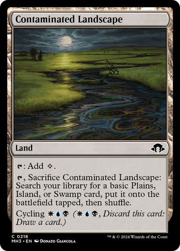 A Magic: The Gathering card titled "Contaminated Landscape [Modern Horizons 3]" from *Magic: The Gathering*. It depicts a polluted land with dark waters and damaged vegetation. As a Land, it can be tapped for one colorless mana and fetches a basic Plains, Island, or Swamp. The card features a Cycling ability as well.