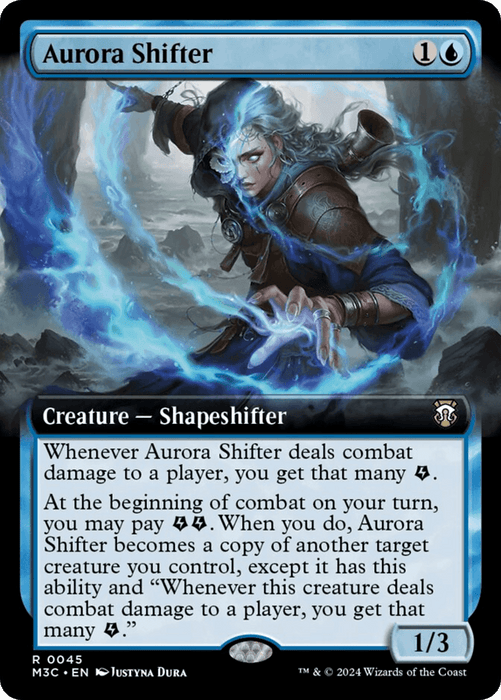 A Magic: The Gathering card titled "Aurora Shifter (Extended Art) [Modern Horizons 3 Commander]" from Modern Horizons 3 Commander. It depicts a blue and black background with a creature Shapeshifter wielding swirling blue energy. Costing 1 generic mana and 1 blue mana, it has a power/toughness of 1/3 and abilities related to combat damage and transformation.