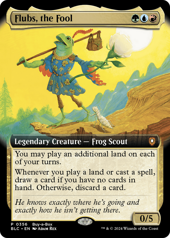 A whimsical Magic: The Gathering card "Flubs, the Fool" from Bloomburrow Promos features a legendary frog scout with 0/5 stats. In colorful clothes, it holds a staff with a glowing orb on a rocky path. The card enables extra land play and card draw or discard. Art by Adam Rex.