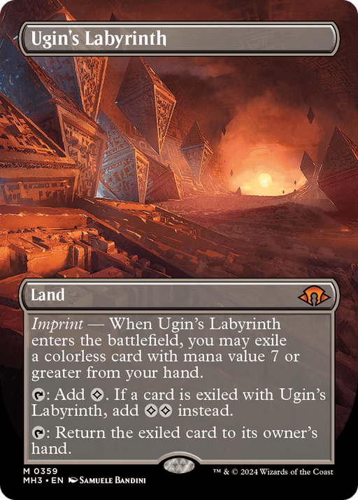 A Magic: The Gathering card named "Ugin's Labyrinth (Borderless) [Modern Horizons 3]," featured in Modern Horizons 3. This Mythic Land showcases a mystical, glowing maze of floating, crystalline structures set in a fiery, otherworldly landscape. The card has potent abilities tied to colorless mana and exiling cards.