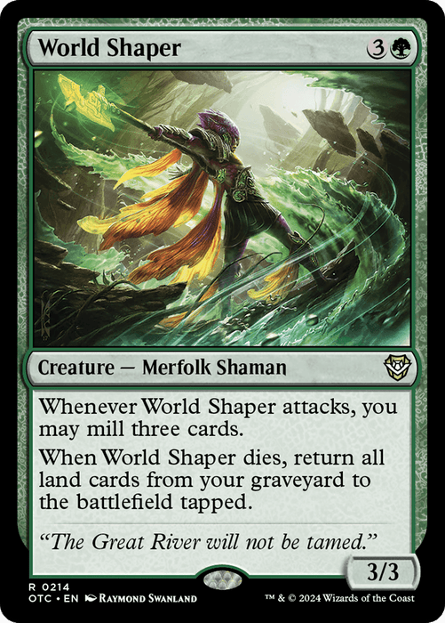 A World Shaper [Outlaws of Thunder Junction Commander] from Magic: The Gathering. The card shows a Merfolk Shaman in a green robe with a golden staff. The card text reads: "Whenever World Shaper attacks, you may mill three cards. When World Shaper dies, return all land cards from your graveyard to the battlefield tapped." The card is green with