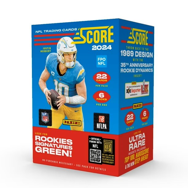 A 2024 Panini Score Football NFL Blaster Box featuring a football player in a blue and yellow uniform on the front. The box contains 6 packs with 22 NFL trading cards each, spotlighting the 2024 Rookie Draft Class and celebrating Panini's 35 years. Look for rookie signatures and Ultra Rare inserts.