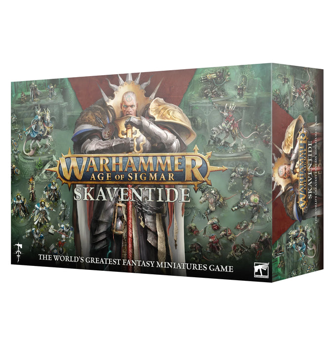 The image showcases the box of a "Warhammer Age of Sigmar: Skaventide" miniature game set by Games Workshop. The box art features a Stormcast Eternal in ornate armor wielding a hammer, surrounded by various Skaven figures and creatures. The tagline at the bottom reads, "The World's Greatest Fantasy Miniatures Game.