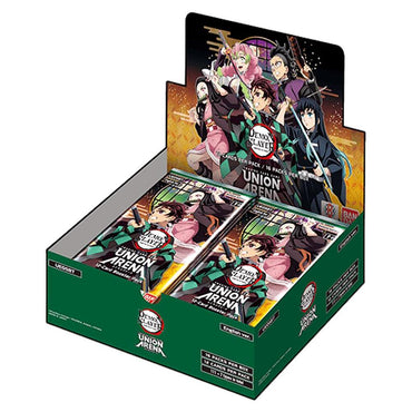 The Union Arena Booster Box: Demon Slayer by Bandai features vibrant anime artwork on a green display box with logos. It includes multiple packs, each showcasing action poses of the characters, reflecting the game's branding.