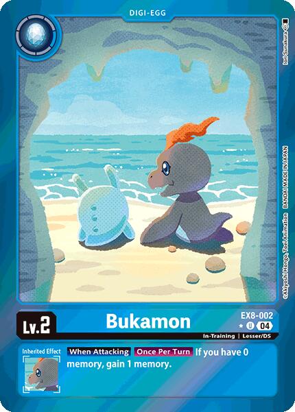 The Digimon "Bukamon [EX8-002] (Limited Foil) [Chain of Liberation]" card features a creature on a sandy beach inside a cave, with an orange fin, gazing at its slug-like friend with bubbles. The card details level, attributes, and abilities in blue and white sections.