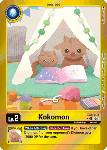 The Digimon card "Kokomon [EX8-003] (Limited Foil) [Chain of Liberation]" features two Level 2 In-Training yellow Kokomon in a tent reading, with inherited effects and attack stats, plus other Digi-Egg game details.