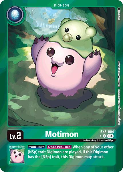 The card "Motimon [EX8-004] (Limited Foil) [Chain of Liberation]" from Digimon shows a pink creature named Motimon in a forest with a Digi-Egg pattern, and a green creature on its head. It's an Lv. 2, In-Training card featuring gameplay ability details on a digital green background.